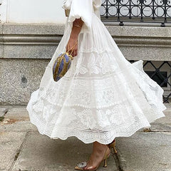 LIZAKOSHT - Elegant White Hem Loose Jacquard Skirt for Women 2024 Spring High Waist Long Skirts Club Lady Lace-Mesh Pleated A-Line Skirt