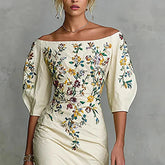 LIZAKOSHT - Spring Elegant Floral Print Slim Female Clothing Sexy Slash Neck Hollow Slit Party Dresses Woman Casual Half Sleeve Autumn Dress