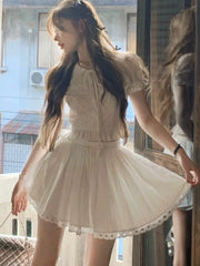 LIZAKOSHT - Y2K Two-piece Skirt Set Women Puff Sleeve Kawaii Shirt Ruffles A-line Lace Mini Skirt Korean Fashion Casual Summer Solid Suit