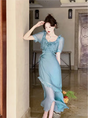 LIZAKOSHT - Summer Square Collar Elegant Ruffles Women's Bodycon Dress Vintage Simple Holiday Party Dress Fashion Office Lady Vestidos