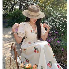 LIZAKOSHT - Franch Romantic Floral Print V-neck Midi Dress Women Summer Puff Sleeve High Waist Holiday Beach Dress Female Prairie Chic Dress