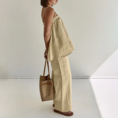 LIZAKOSHT  -  Casual Cotton Women Solid Color 2 Piece Set Outfit Spring Spaghetti Strap Loose Top and High Waist Straight Trousers Female Set