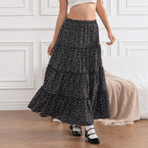 LIZAKOSHT - Women Fashion Boho Solid Elastic High Waist Tiered Skirt Bohemian Beach A-Line Long Skirt