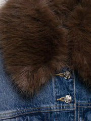 LIZAKOSHT - Women Blue Denim Jacket With Brown Faux Fur Collar Full Sleeve Button Front Cropped Casual Outerwear 2025 Autumn Lady Streetwear