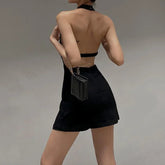 LIZAKOSHT - 2025 New Retro Dark Elegant Solid Sleeveless A-line Dress Sexy Rave Backless Halter Partywear Gown Goth Slim Women Club Dresses