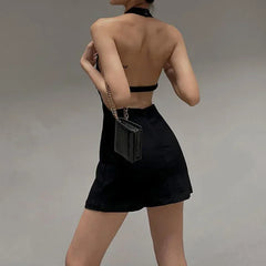 LIZAKOSHT - 2025 New Retro Dark Elegant Solid Sleeveless A-line Dress Sexy Rave Backless Halter Partywear Gown Goth Slim Women Club Dresses