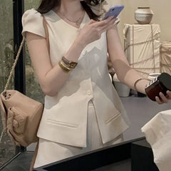 LIZAKOSHT - Summer Korean Elegant Temperament Short Sleeve Solid Single Breasted Top Shorts Two Piece Set Women