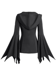 LIZAKOSHT - Lace Panel Flare Sleeve Hooded Top Plain Color Lace Up Long Sleeve Gothic Top Spring Fall Black Tops New