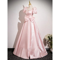 LIZAKOSHT - New Women's Pink Satin Dress Fashionable, Slim and Elegant Annual Meeting Bow Decoration Long Back Strap Dress