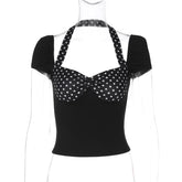 LIZAKOSHT - Summer Halter Short Sleeve T-shirts for Women Female Sexy Backless Polka Dot Patchwork Corset Tee Shirt Streetwear