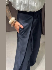 LIZAKOSHT - High Waist Striped Wide-Leg Pants For Woman Loose Irregular Floor-Length Trousers Single Bitton Pockets Fashion Casual Clothes