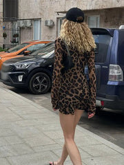LIZAKOSHT - Chic Sexy Leopard Print Mini Dress For Women Simple Round Neck Long Sleeves Slim Vestidos 2024 Female Fashion High Streetwear