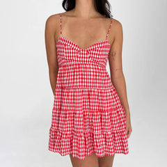 LIZAKOSHT - Red Women Spaghetti Strap Cami Dress Y2K Cottage Plaid Sweetheart Neck Tiered Hem Back Lacing Short Dresses Summer Holiday