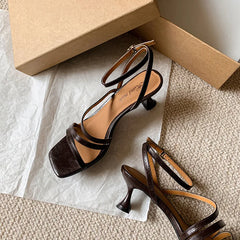 LIZAKOSHT - Fashion Sandals Women's New Genuine Leather Simple Slim Strap Ankle Buckle High Heels Commuter Modern Summer Open Shoes
