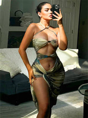 LIZAKOSHT - Summer Tie-Dye Print Halter Ruched Mini Dress Midnight Party For Women 2024 Hollow Out Irregular Waistless Sexy Dresses