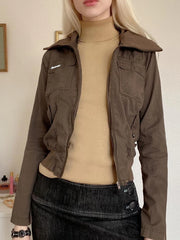 LIZAKOSHT - Safari Style Big Pockets Zipper-Up Jackets Casual Solid Turn-Down Collar Long Sleeve Coats Women Autumn Winter Lady