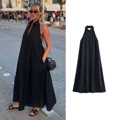 LIZAKOSHT - Dresses Summer Women's 2025 New Neck-Hanging Elegant Long Holiday Dress Women Street Chic Youth Loose Fashion Dress