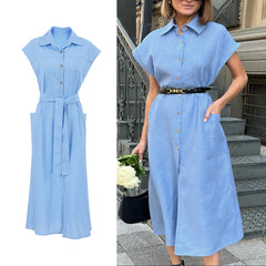 LIZAKOSHT - Summer Women's Linen Dress Lapel Sleeveless High Waist Maxi Dress Elegant Straight Shift Dress Office Lady Long Dress