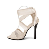 Lizakosht New Summer Women Sandals Fashion 2024 Peep Toe Ankle Strap Ribbons Lace Up Super High Heels Stilettos Mesh Shoes White Size 47