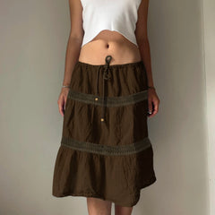 LIZAKOSHT - Vintage A-Line Beaded Tie-Waist Woven Skirt For Woman Chic Brown Lace Design Slim Mid-length Skirt Y2k Boho Clothes New