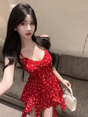 LIZAKOSHT - Camis Sexy Floral Printed Irregular Ruffles Slim Patchwork Flowers Vintage Summer Fashion Sweet Tank Tops Ladies Casual