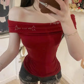 LIZAKOSHT - Women Clothing Slash Neck Short Sleeve Sexy T Shirts Cotton Summer Tees Chic Korean Camisetas Y2k Tops Diamond Cartoon Tshirts
