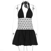 LIZAKOSHT - Women Polka Dot Patchwork Swimsuit Dress Sexy Chic Sleeveless Off-shoulder Backless Mini Halter Dresses Lady Vacation Beach Gown