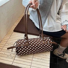 LIZAKOSHT - Y2k Polka Dot Cylindrical Handbag Ins Trendy Personality Elegant Retro Glossy Leather Exquisite Small Capacity Daily Commuting