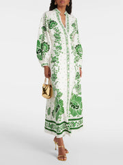 LIZAKOSHT - New Style Printed Long Dress with Slit Sleeves and V-Neck Casual Lace Beach Resort Dress
