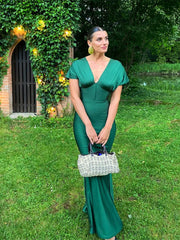 LIZAKOSHT  -  Elegant Green Women Maxi Dress Fashion V-neck Short Sleeve Bodycon Dresses 2024 Summer Female Solid Chic Party Evening Robes