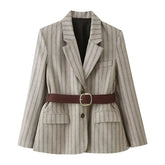 LIZAKOSHT - Autumn Women's With Blet Vertical Stripes Print Blazer Boyfriend Vintage Women Front Pockets Loose Suit Fashion Coat