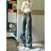 LIZAKOSHT  -  Y2K 2000S Flare Jeans Women Vintage High Waist Bow Denim Pants Summer Japanese Harajuku Baggy Design Wide Leg Trousers New