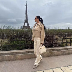 LIZAKOSHT - Chic Fashion 2025 Autumn Temperament Jacket Beige Streetwear Women Outwear Zipper High Street Casual Turn-down Collar Pockets