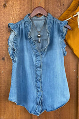 LIZAKOSHT - 2024 Summer New Women's Ruffled Denim Shirt Sleeveless Vest Tops