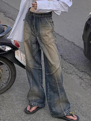 LIZAKOSHT  -  Washed Patchwork High Waist Jeans for Women American Vintage Distressed Straight Jeans Hip Hop High Street Wide Leg Trousers