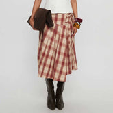 LIZAKOSHT - Women Vintage Plaid Midi Skirt Stylish Irregular Hem Bow Tie Pleated Skirts Preppy Cute Y2k Gingham A Line Skirt