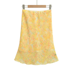 LIZAKOSHT - Women Floral Print Knee Length Chiffon Skirt Summer Elastic Waist Package Hips A-lined Short Skirts with Lining