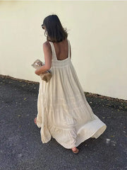 LIZAKOSHT - Summer Women Vacation Pachwork Maxi Dress Chi Elegant Square Neck Sleeveless Backless Pleated Vestidos 2024 Lady Vacation Robes