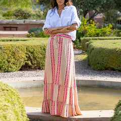 LIZAKOSHT - Casual High Street Drawstring 2024 Long Skirt Summer New Vintage Striped Print Pleated Skirt Bohemian Loose Beach Women Skirts