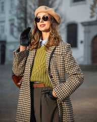 LIZAKOSHT - Double Breasted Plaid Pattern Woolen Overcoat Women Fashion Lapel Long Sleeve Loose Coats Lady Winter Daily Commute Coat