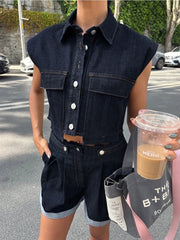 LIZAKOSHT - Fashion Women Pajamas Suit Turn-Down Collar Sleepwear Crop Top Nightie Sleeveless Nightwear Shorts Ladies Pyjamas Set