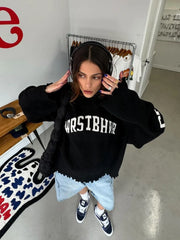 LIZAKOSHT - Fashion Letter Printing Knit Sweater For Women Casual O-neck Distressed Hem Oversized Pullover Lady Autumn Streetwear Tops