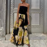 LIZAKOSHT - Women One Shoulder Tube Tops Blouse with Long Skirts Suit Temperament Outfits Elegant Floral Print Pleat Banquet Dress Set