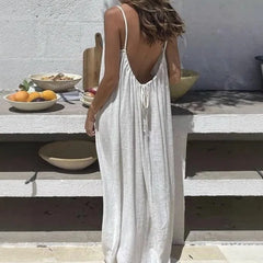 LIZAKOSHT  -  Summer New Fashion Holidays Lady Beach Robe Loose Backless Solid Color Sling Long Dress Women Sexy Sleeveeless Female Dress