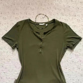 LIZAKOSHT - Korean Simple Short Sleeve Green T-shirt Women Summer Slim Casual Vintage Top Casual Elegant Fashion Popular Pulovers Basic Tees