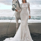 LIZAKOSHT - Boho Lace Mermaid Wedding Dress Backless Long Sleeves Beach Bridal Gowns Court Train Country Robe de mariée Customized
