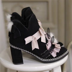LIZAKOSHT  -  Japanese Sweet Style Lolita Girls Shoes Cosplay Cute Bowknot Pearls Love Ruffle Kawaii Hairball Rabbit Ear 8cm High Heel Shoes