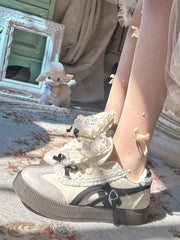 LIZAKOSHT - Pinkyo Original Niche Lace Edge Bow German Training Puff Shoes 2024 Summer Casual Versatile Lolita Flat Sole Shoes