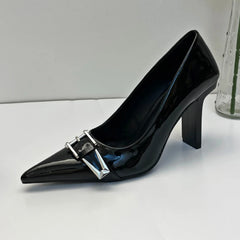 LIZAKOSHT - Patent Leather Sexy High Heels Women Metal Buckle Pointed Designer Pumps Female Fall Fashions Elegant Office Women Shoes