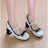LIZAKOSHT - New Thick Heel Mary Jane Shoes Women's Spring Light Mouth High Heels Bow Single Shoes Elegant Pearl Embellished Heels Pumps